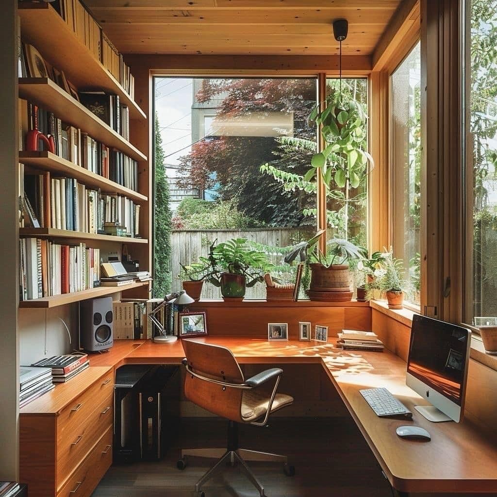 Wooden wrap-around desk and bookshelves with green potted plants in a sunlit office.