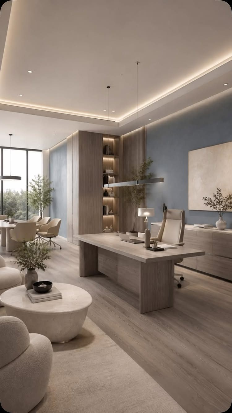 Modern home office with a blue accent wall and light wooden furniture.