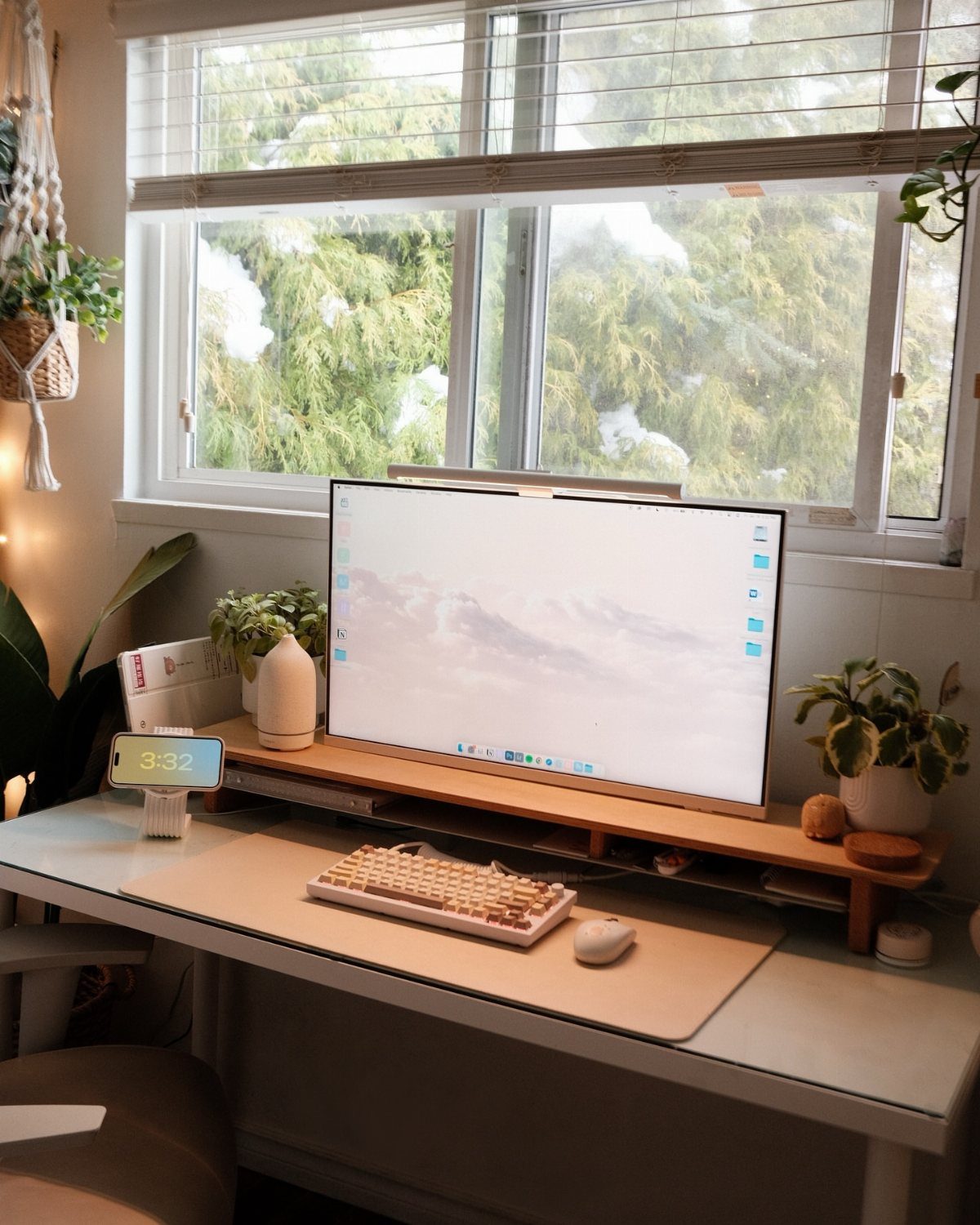 White desk with computer monitor and plants facing a bright window with blinds.