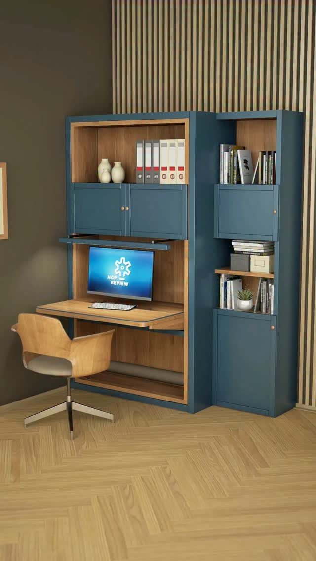 Blue and wood multifunctional office unit with desk, shelving, and a modern chair.
