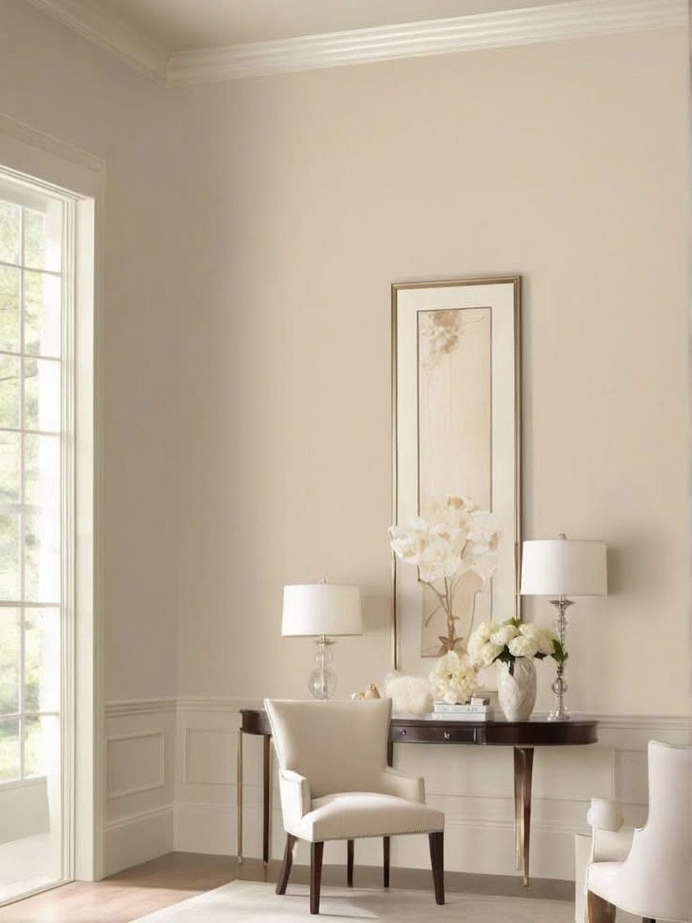 10 Home Office Paint Colors for a Productive Space 9 Creamy off-white walls in a bright room with a desk and white armchair.