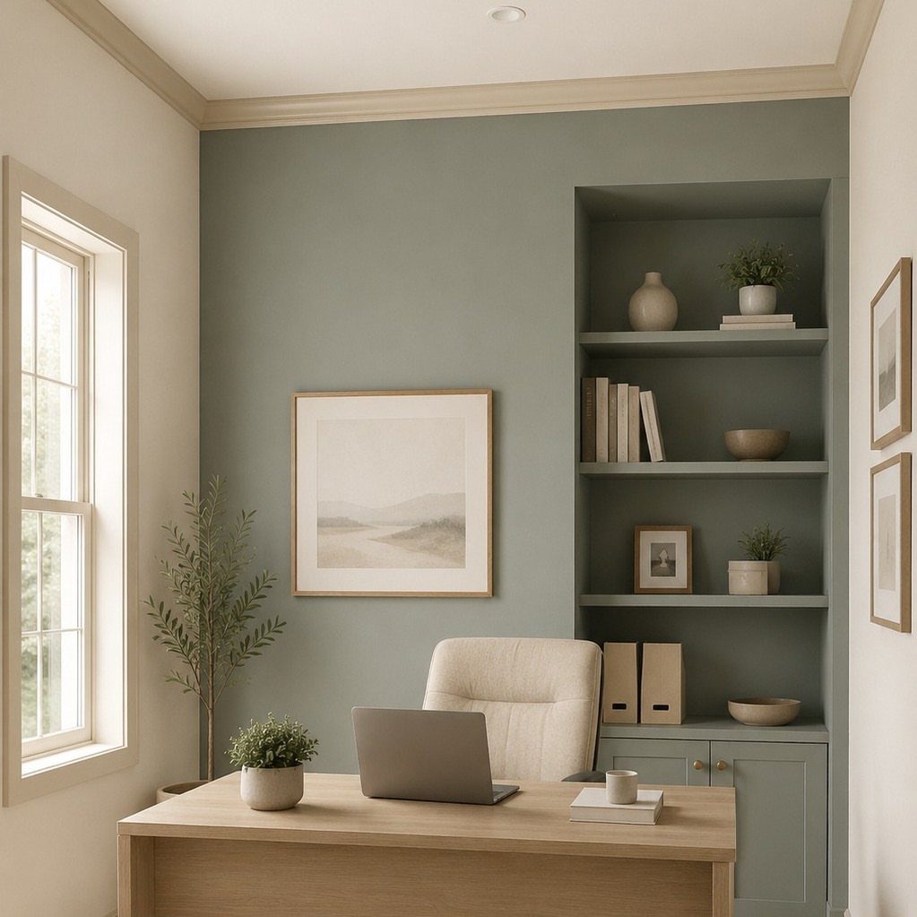 Sage green home office with light wood desk and built-in shelving.
