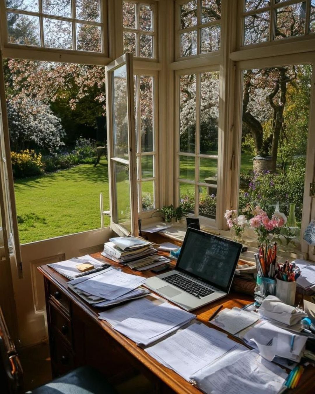 Wooden desk with laptop and papers placed before open windows overlooking a garden.