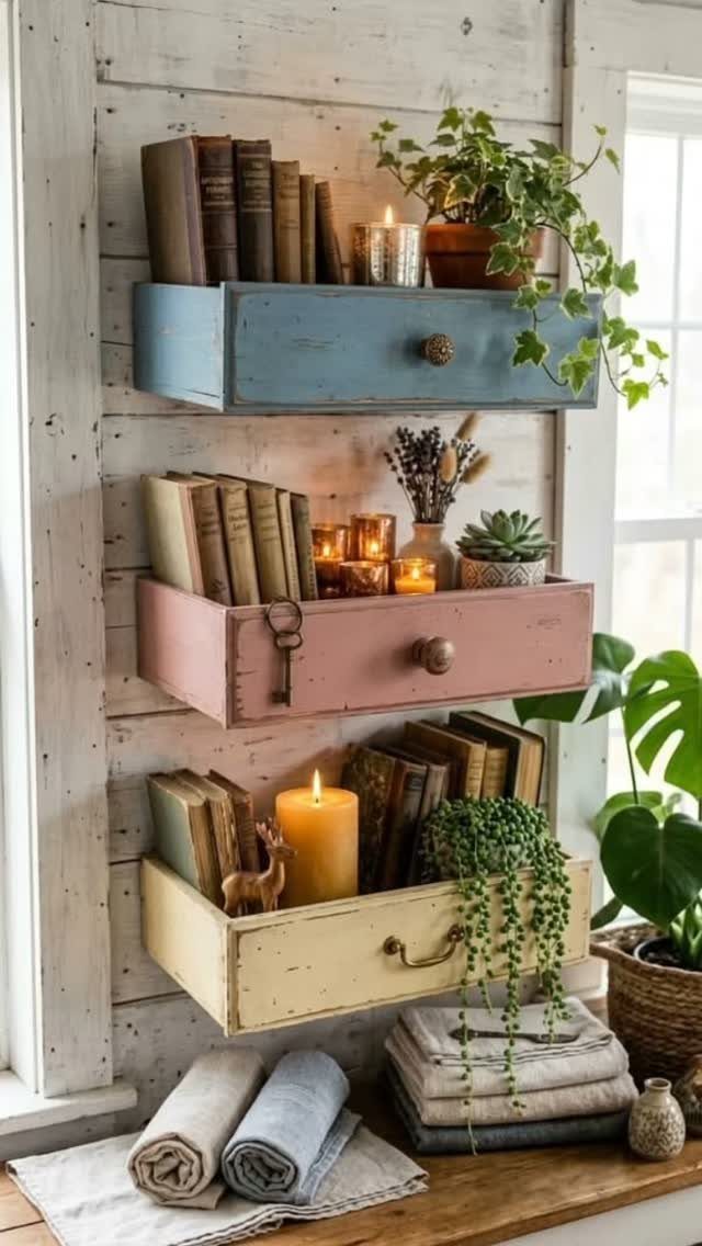 Vintage dresser drawers mounted on a white wall holding books and green plants.
