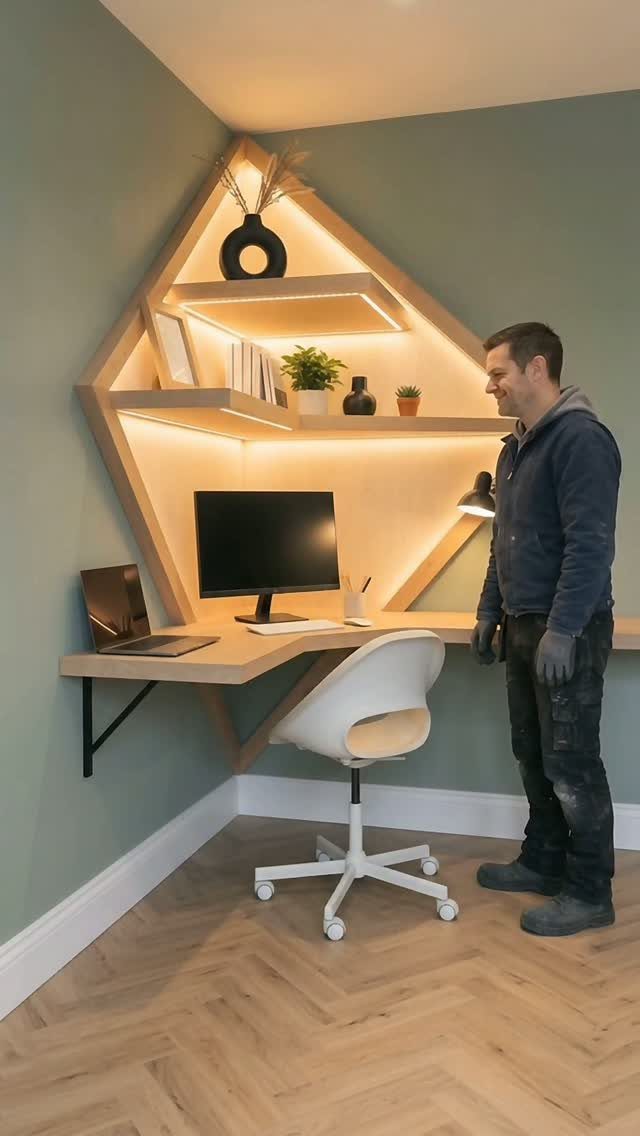 Geometric light-wood wall-mounted desk and shelving with integrated lighting in a home office.