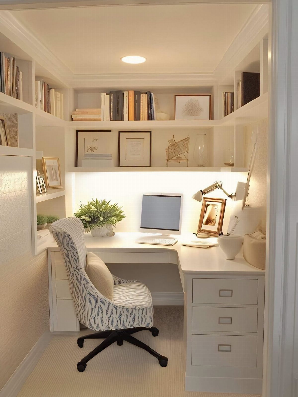 White built-in corner study nook with L-shaped desk, shelving, and patterned office chair.
