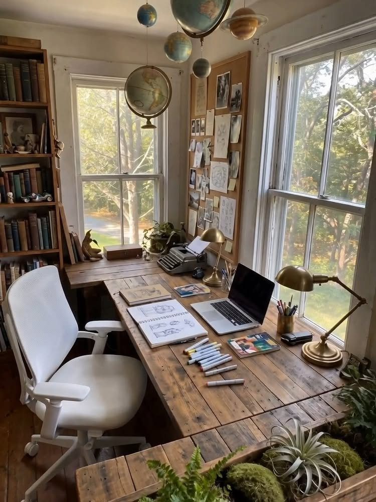 L-shaped wooden corner desk in a home office with a white chair and laptop.