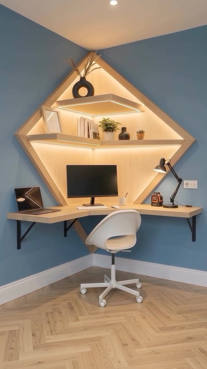Light wood corner desk with integrated shelving and warm lighting against blue walls.