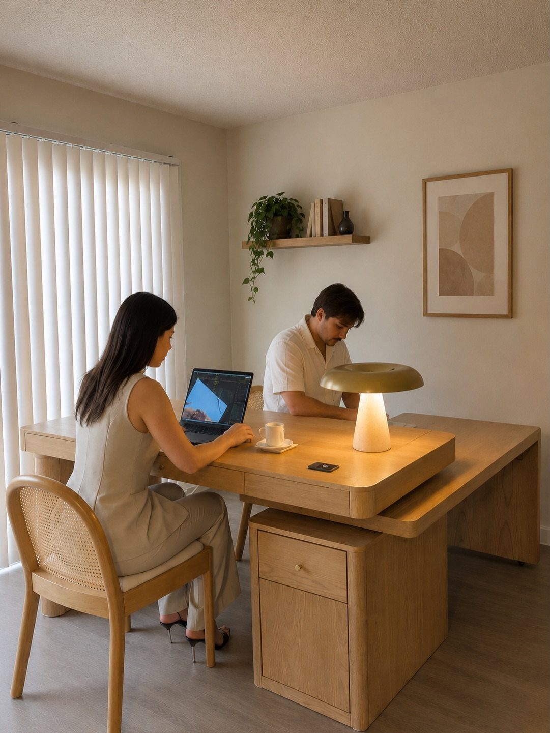 Two people working at a light wood corner desk in a bright home office.