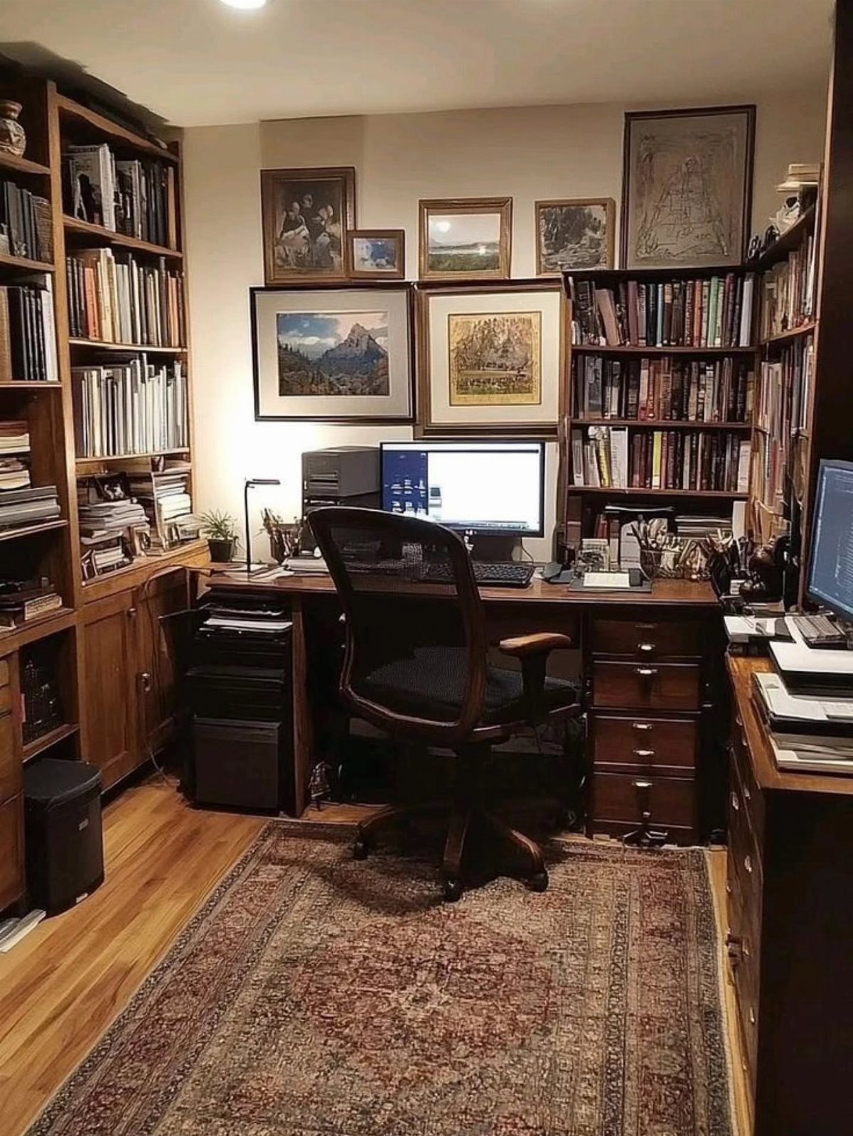Dark wood corner desk in a home office with bookshelves and framed art.