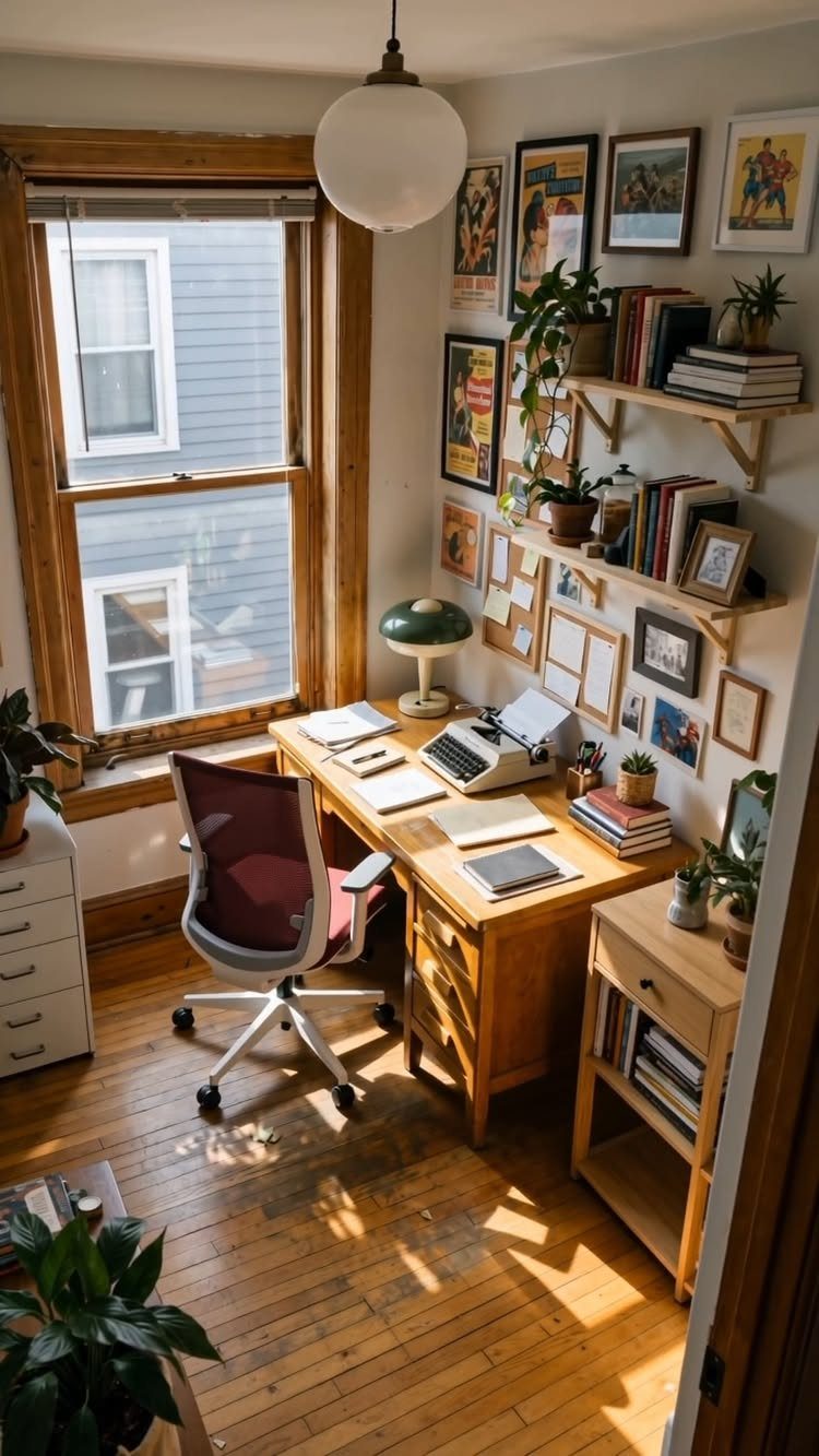 Wooden corner desk with a typewriter, red chair, and art-filled walls in a nook.
