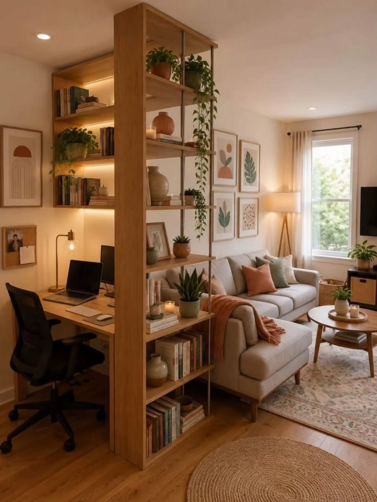 Wooden bookshelf dividing a home office desk from a light gray living room sofa
