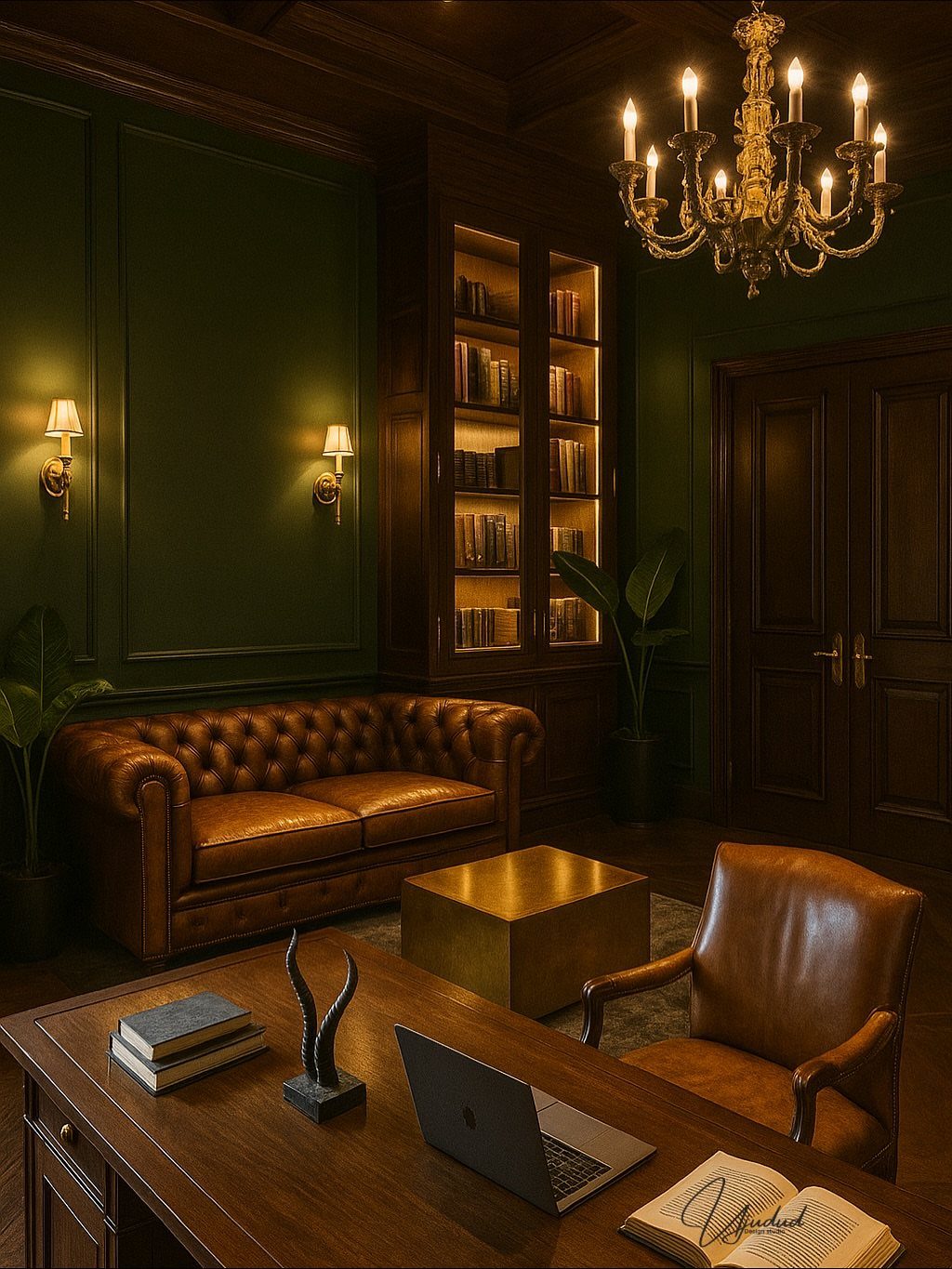 Brown tufted leather sofa in a dark green home office with gold accents.