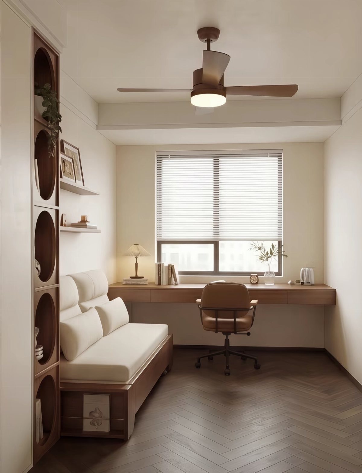Compact white settee and wooden built-in desk in a bright home office.