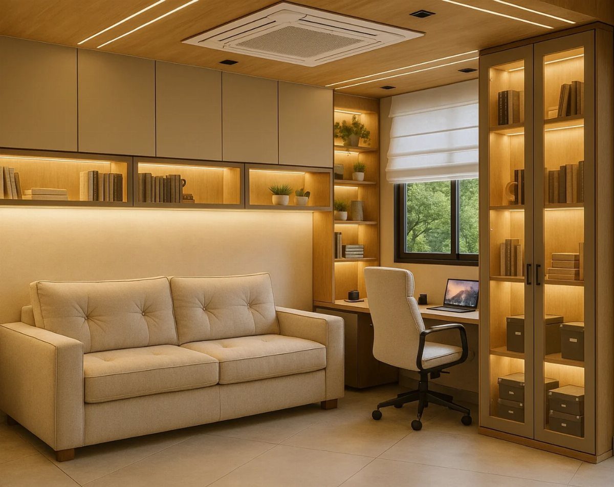 Beige sofa and white desk chair in a modern home office with shelving.