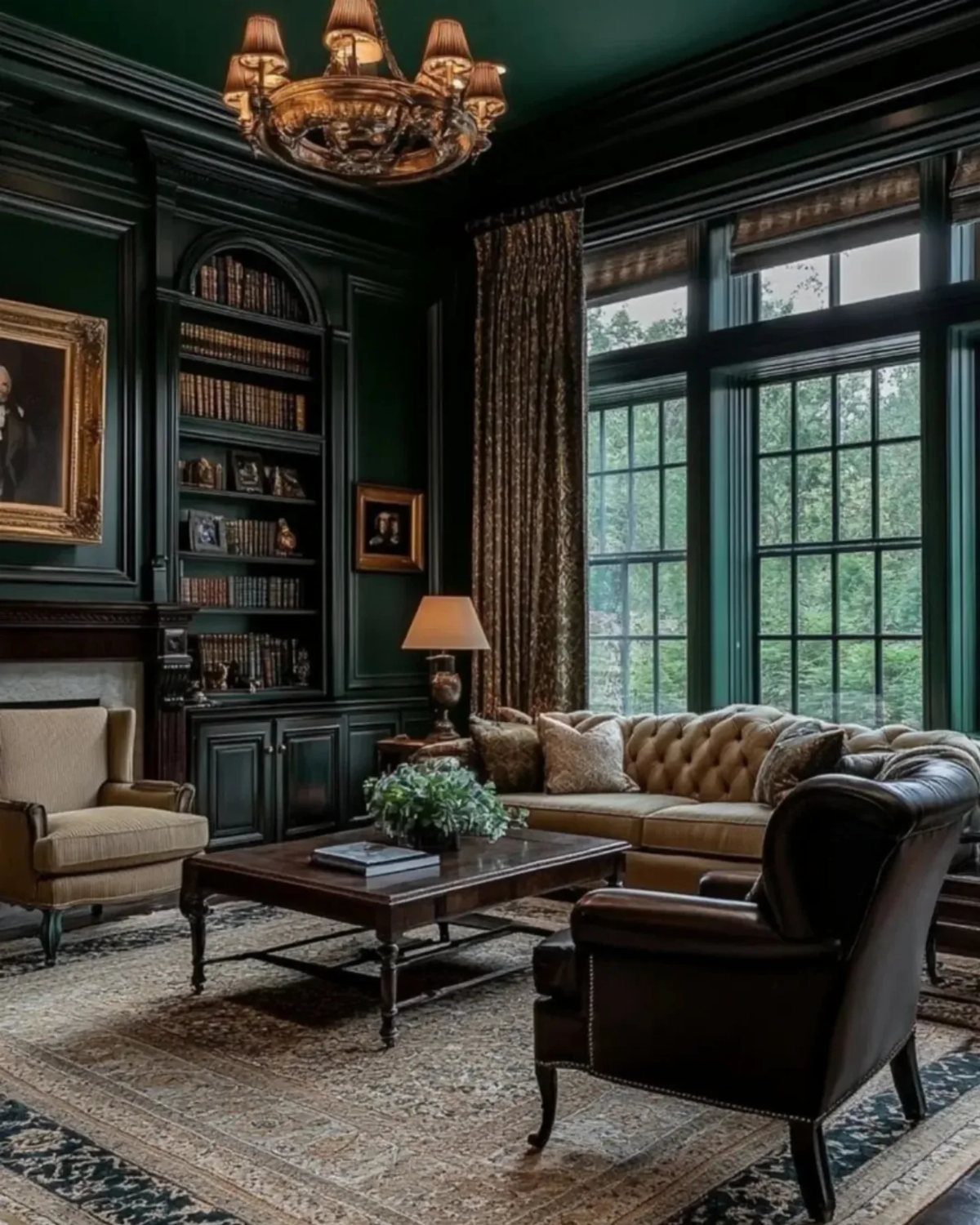 Dark green home office featuring a tan tufted sofa and leather armchairs.