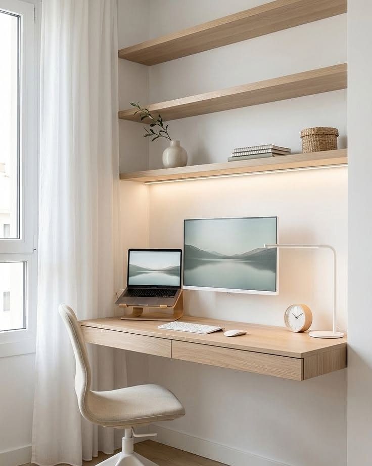 Light wood floating desk with matching wall shelves in a bright white room.