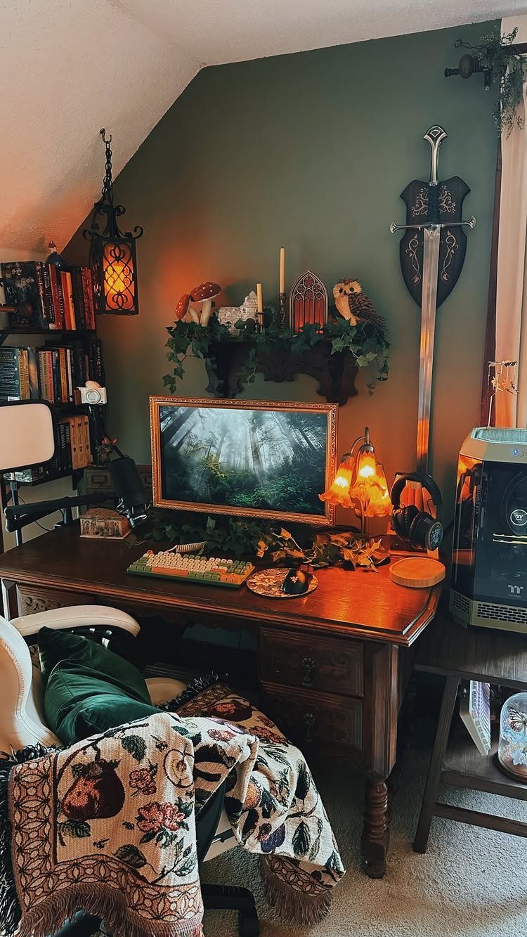 Gaming setup in a loft room with a wooden desk and sword wall decor