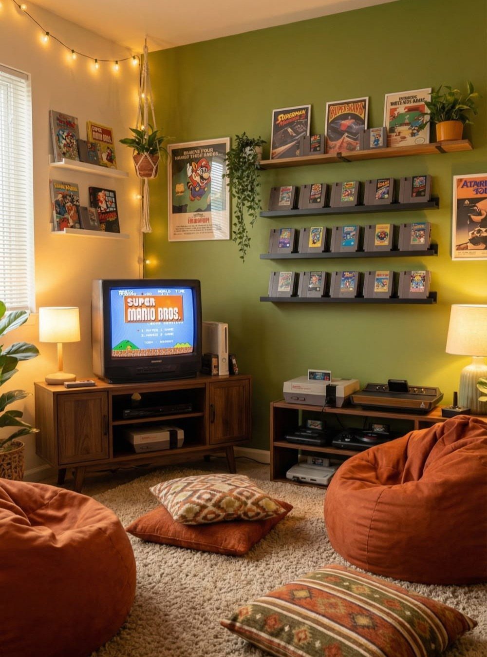 Retro gaming room with a CRT television, bean bags, and vintage game cartridges.