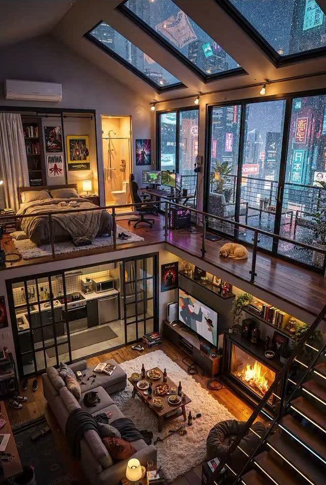 Industrial loft apartment with a gaming setup upstairs and cozy living area downstairs.