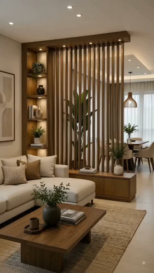 Modern living room with white sofa and wooden slat divider under a low ceiling.