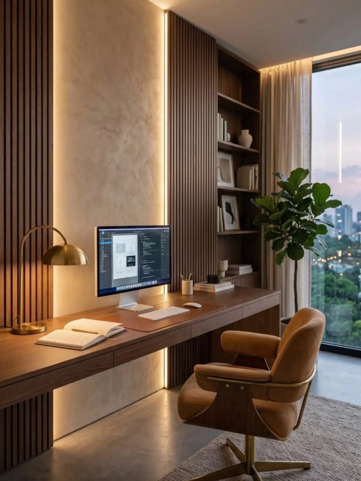 Luxury home office with wooden desk, leather chair, and warm integrated wall lighting.