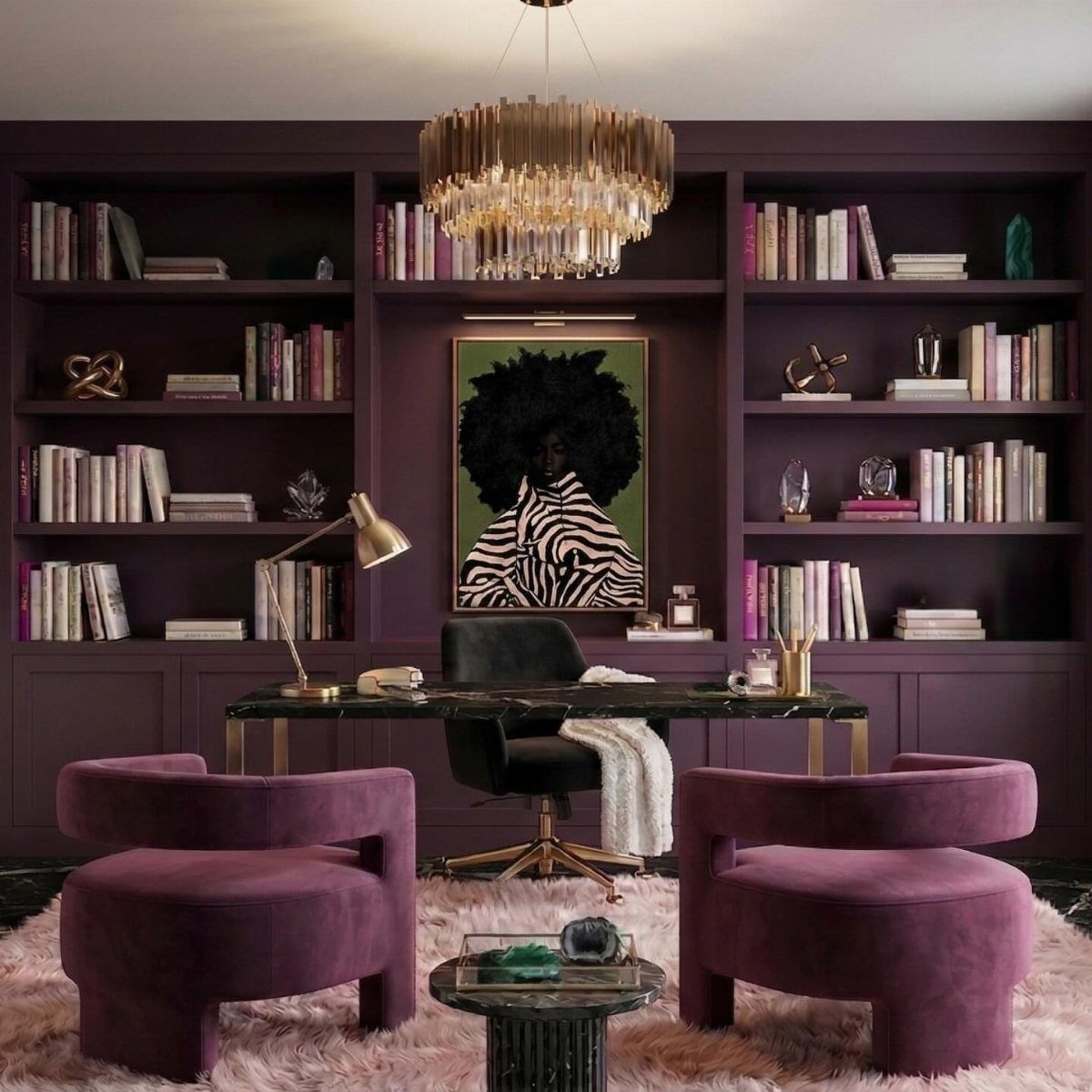 Luxury home office with purple walls, marble desk, and velvet armchairs.