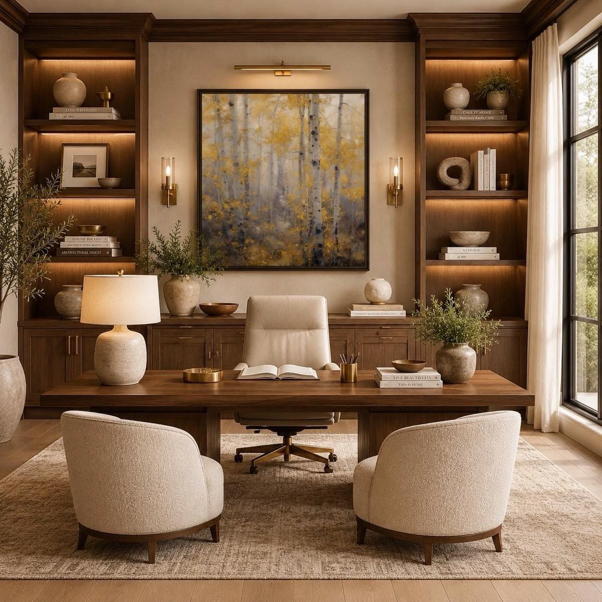 Luxury home office with dark wood built-in shelves, a large desk, and abstract art.