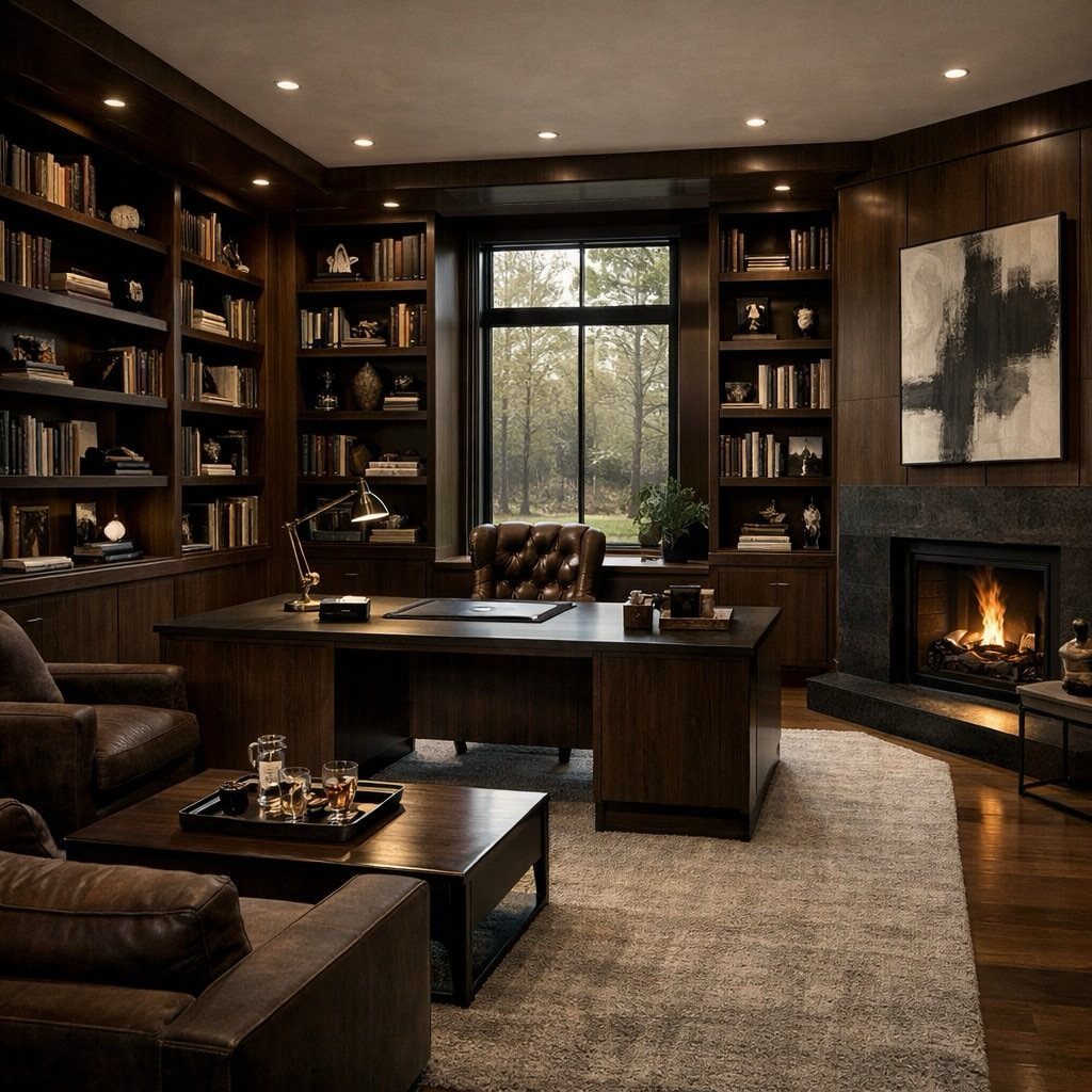 Dark hardwood desk and brown leather tufted chair in a luxury home office.