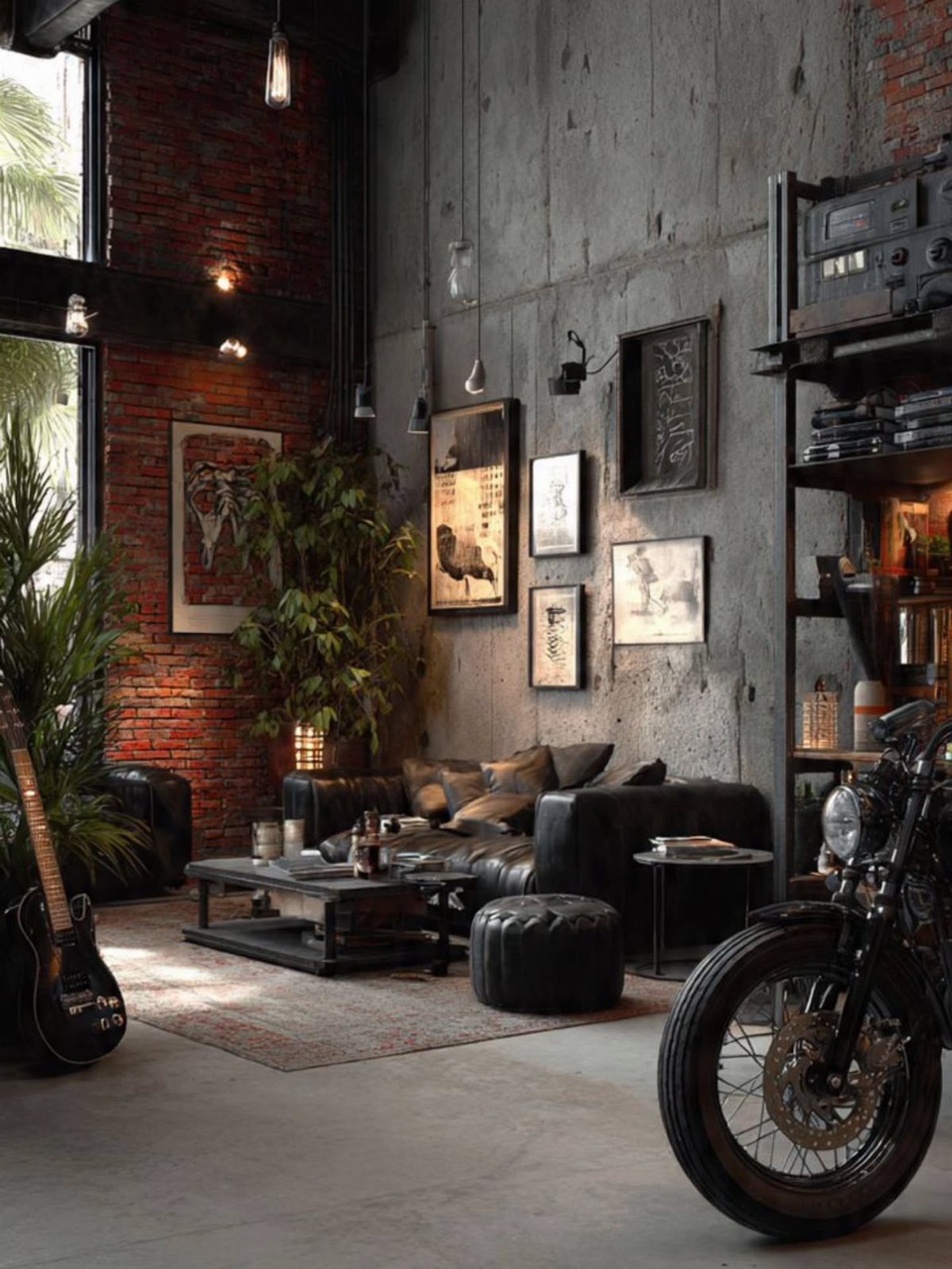 Industrial living space with red brick walls, black leather sofa, and a motorcycle.