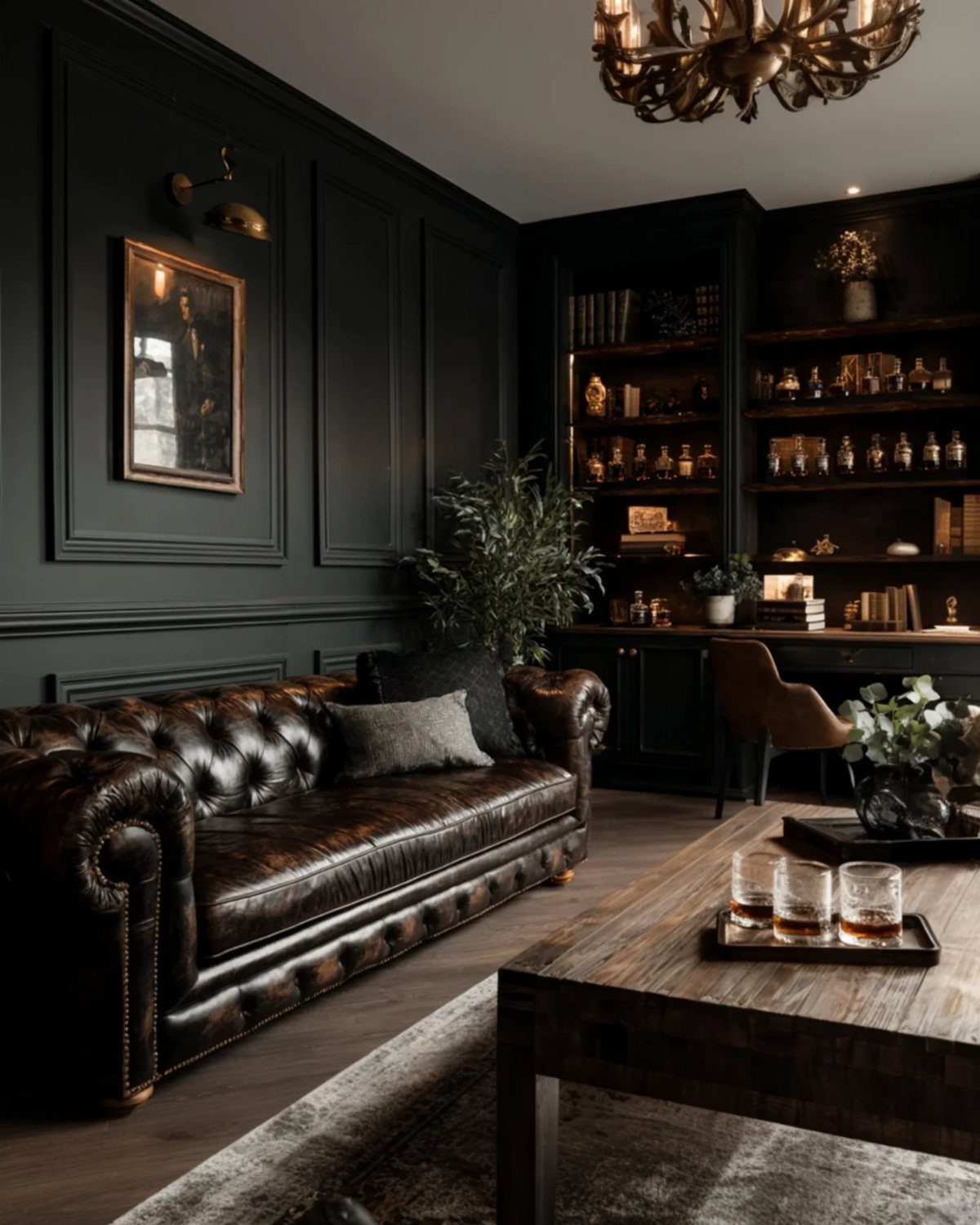 Dark moody room featuring a leather Chesterfield sofa and a home office desk area.