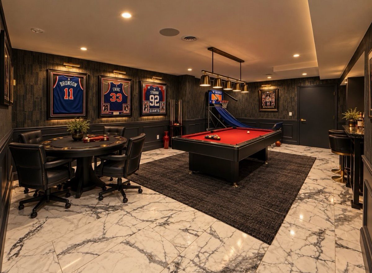 Red pool table and round gaming table in a luxury man cave with jerseys.