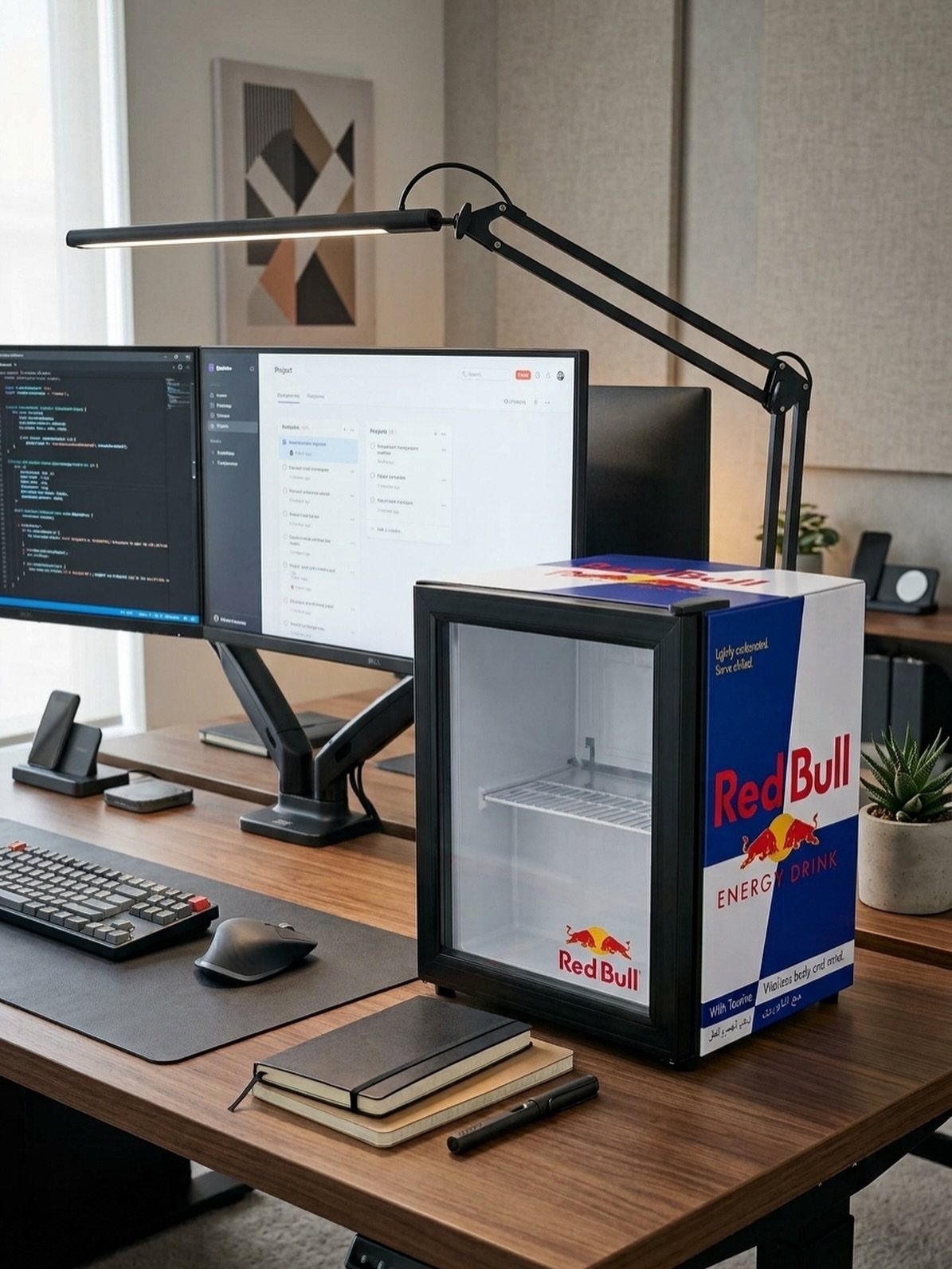 Red Bull mini-fridge on a wooden desk next to a dual-monitor computer setup.