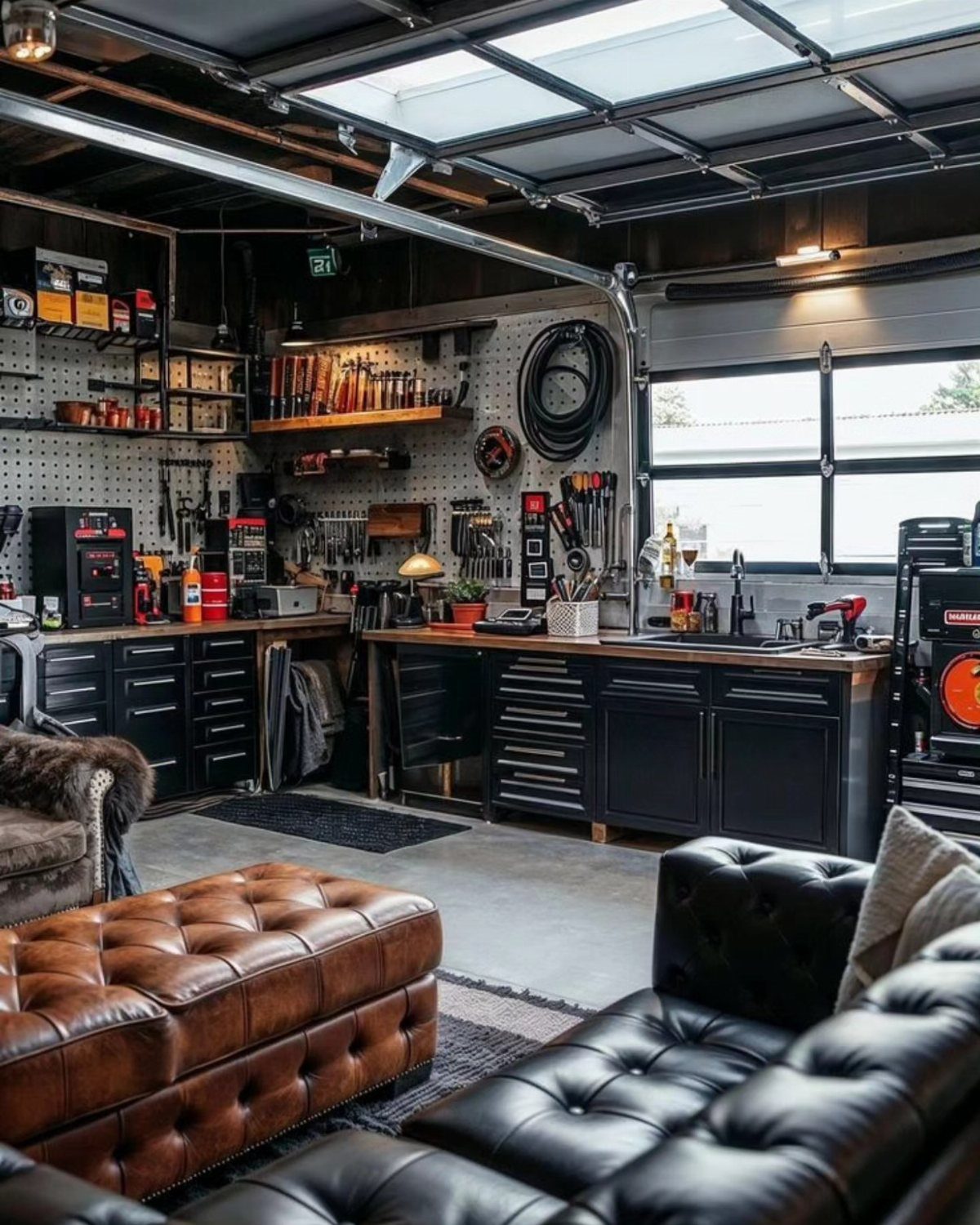 Garage man cave with a tool workshop area and a leather seating lounge.