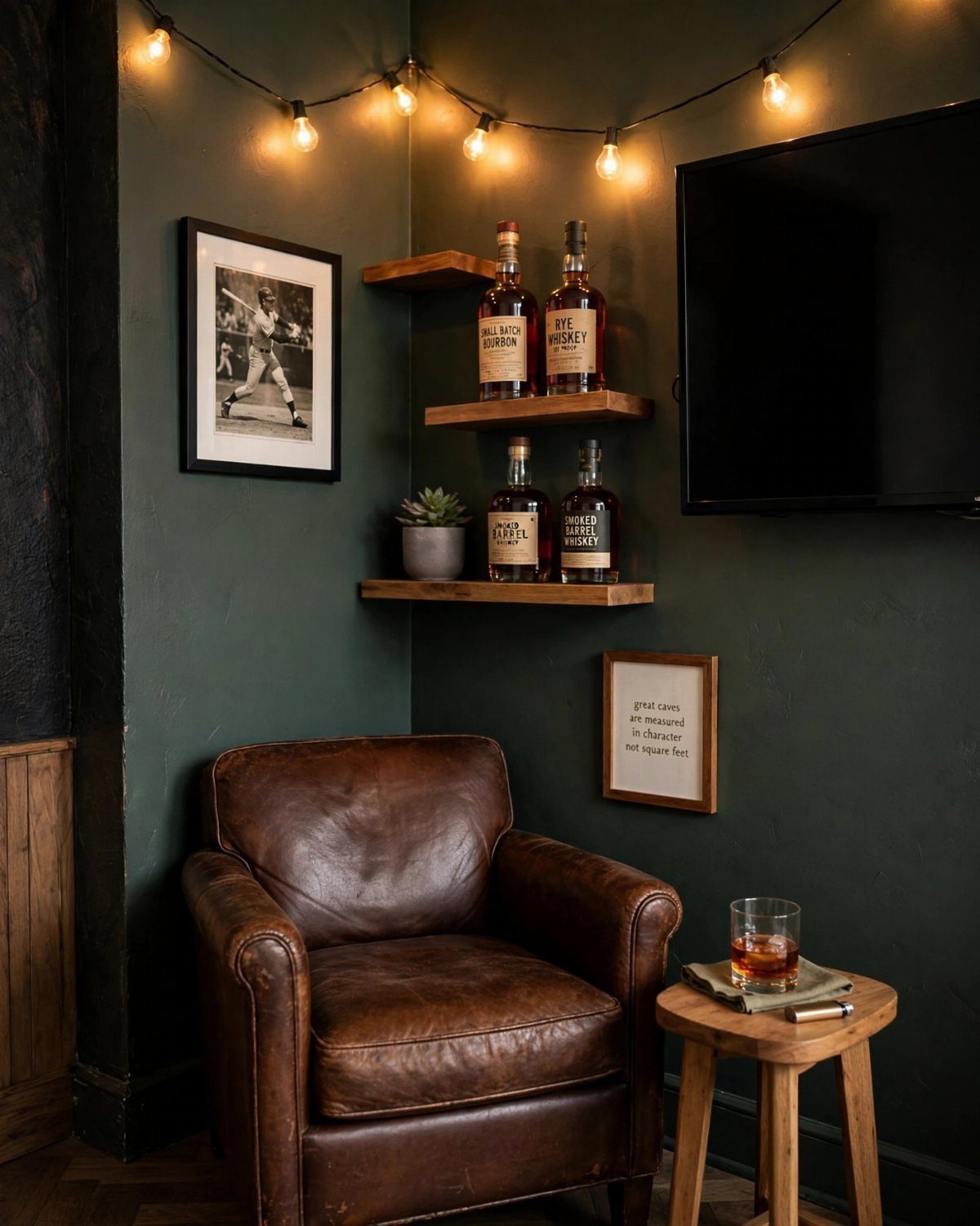 Brown leather armchair and whiskey bottles on floating shelves in a dark green room.