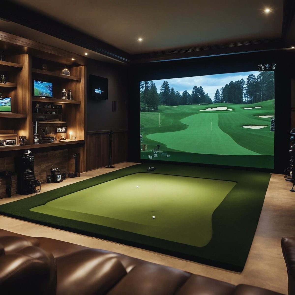 Indoor golf simulator with a large screen, putting green, and leather sofa.