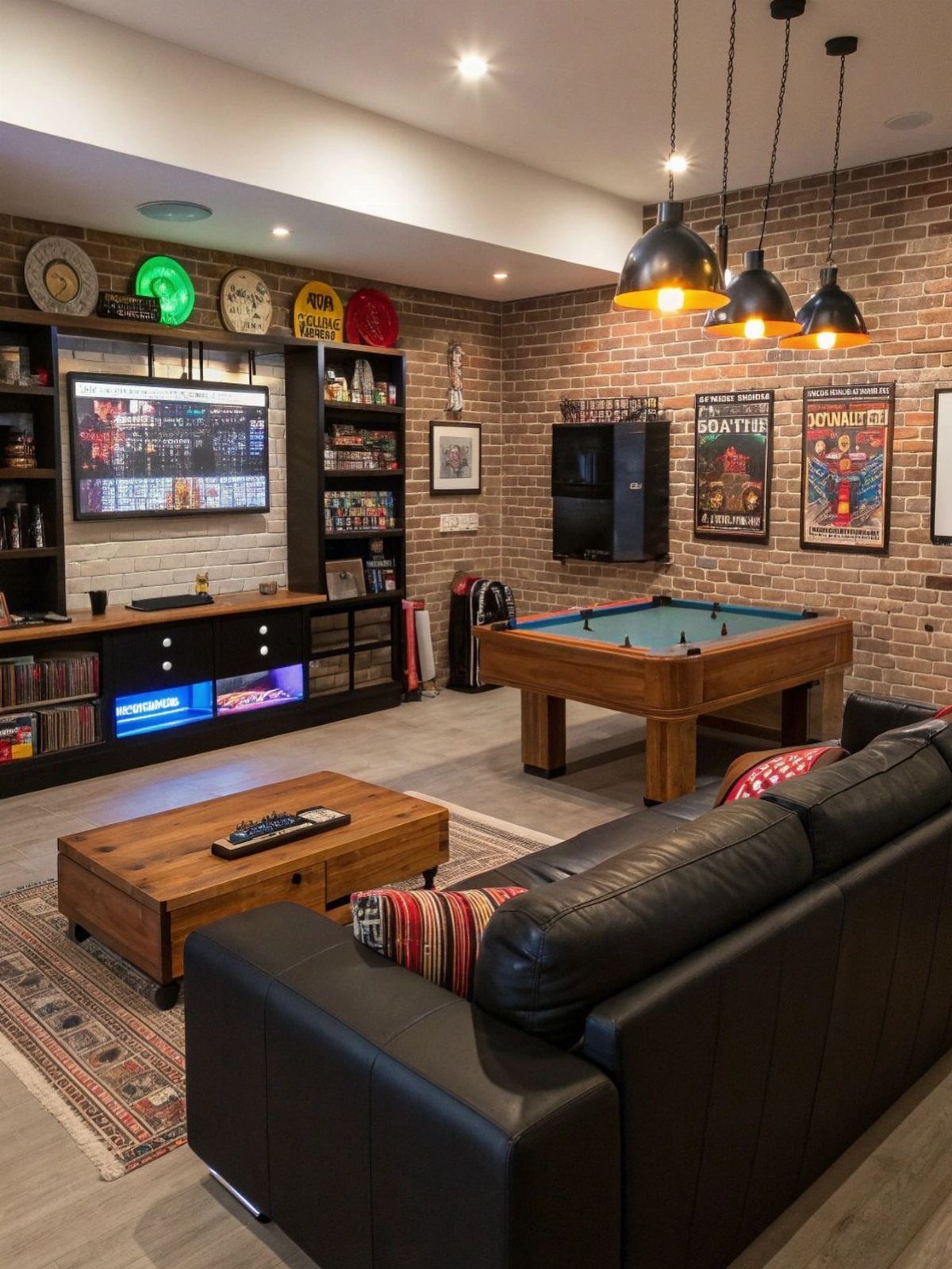 Black leather sofa and wooden coffee table in a gaming room with pool table.