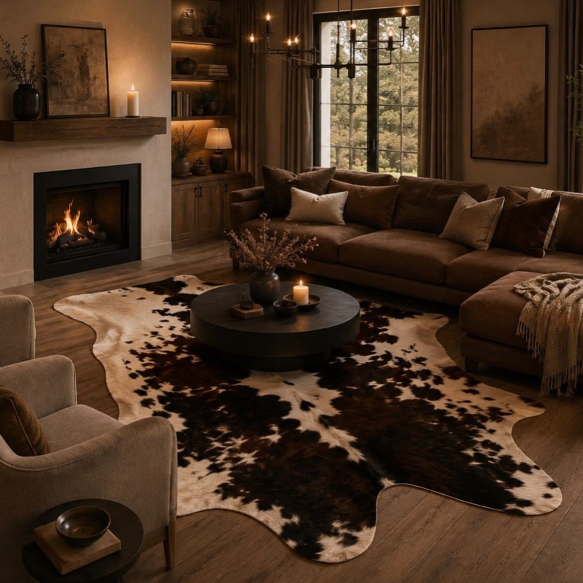 Brown and white cowhide rug in a rustic living room with a fireplace.