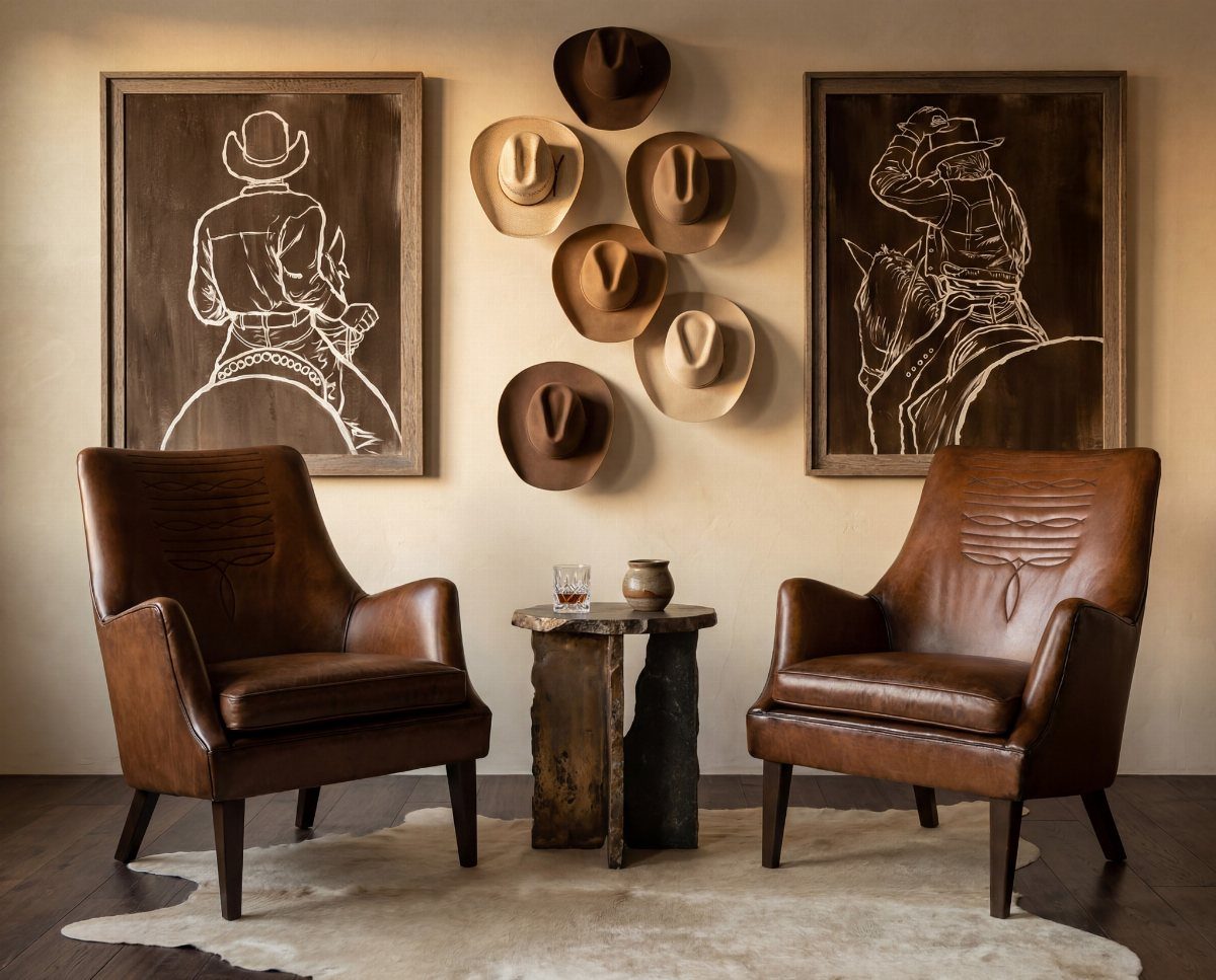 Two brown leather armchairs with a stone table and cowboy decor on the wall