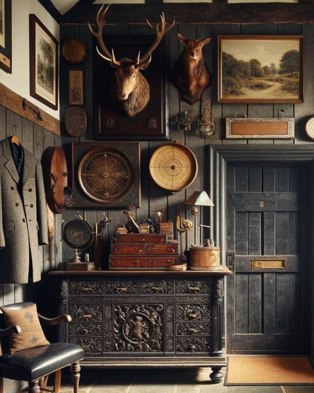 Rustic room with mounted deer heads, vintage targets, and a carved wooden sideboard.