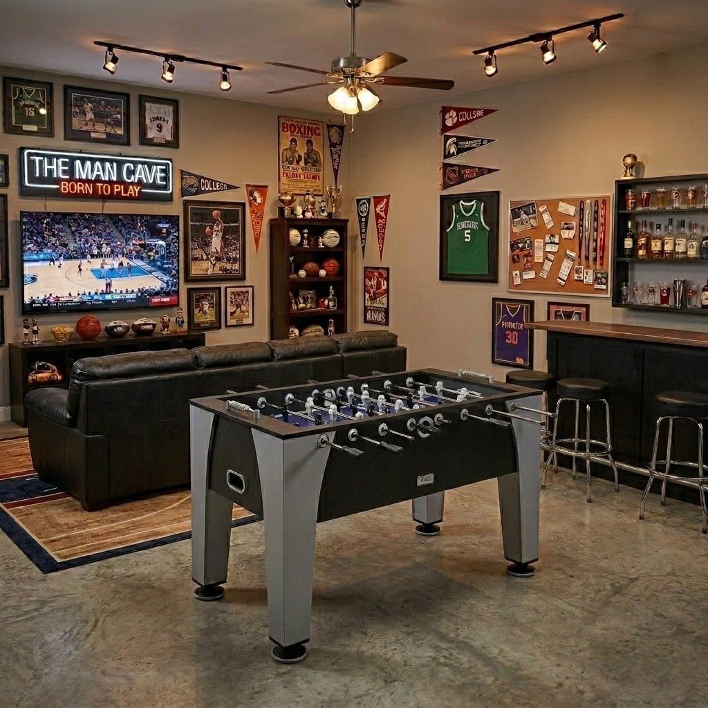 11 Man Cave Must Haves for Your Space 8 Grey foosball table in a man cave with a leather sofa and sports memorabilia.