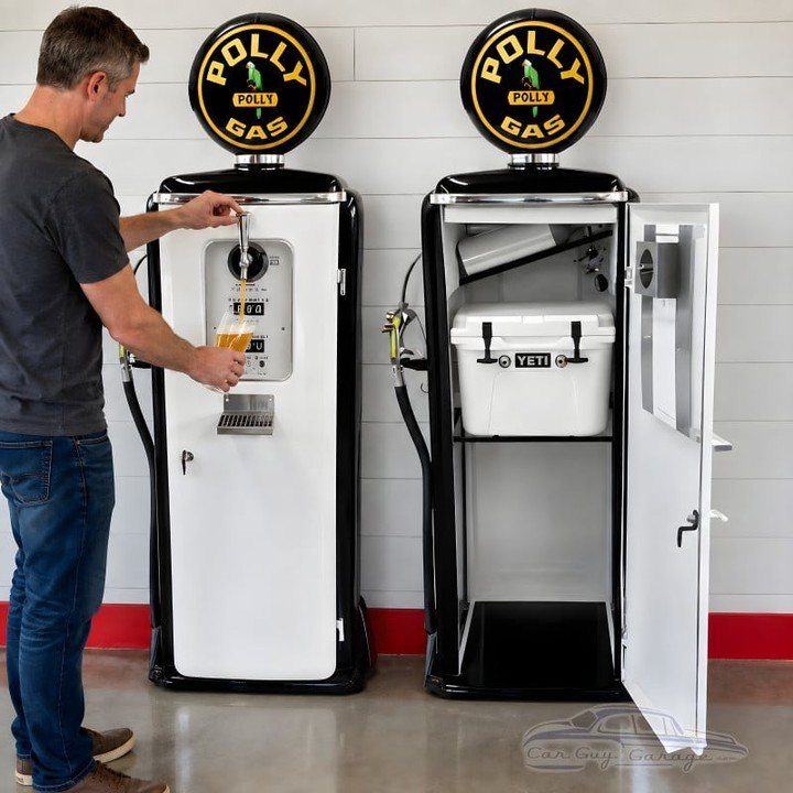 11 Man Cave Must Haves for Your Space 5 Vintage gas pump drink dispenser with a man pouring a beverage into a glass.