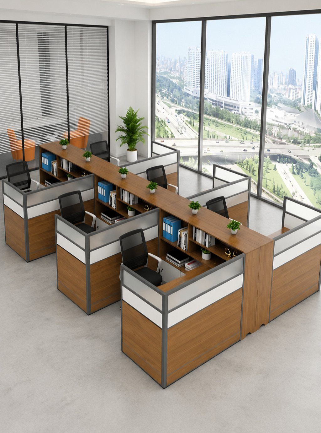 14 Office Decorating Ideas for Work to Refresh Your Space 8 Wooden office cubicles positioned next to large windows with a city view.