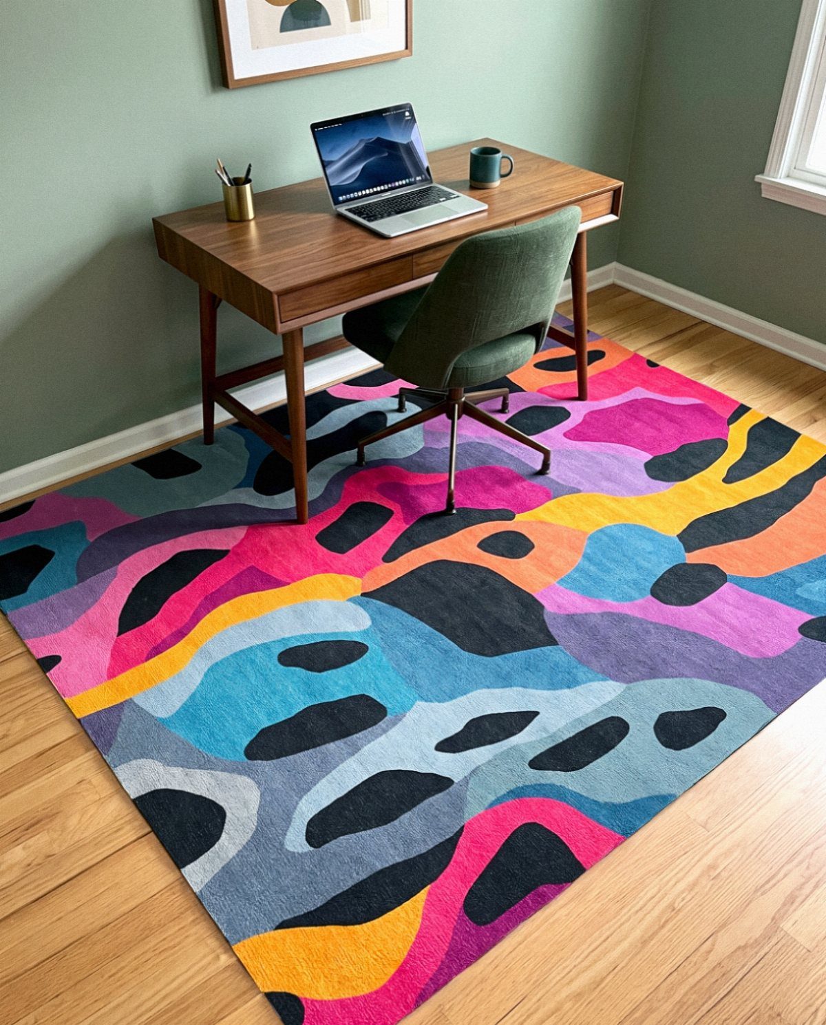 14 Office Decorating Ideas for Work to Refresh Your Space 9 Colorful abstract area rug under a wooden desk and green office chair.