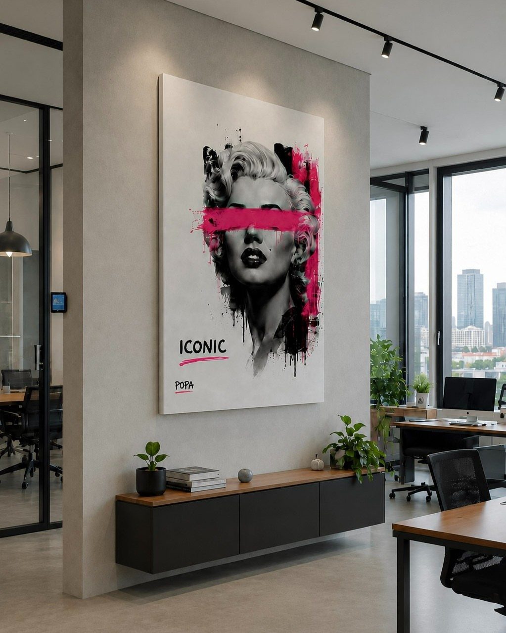 14 Office Decorating Ideas for Work to Refresh Your Space 2 Large Marilyn Monroe canvas art hanging on a grey office wall above a cabinet.
