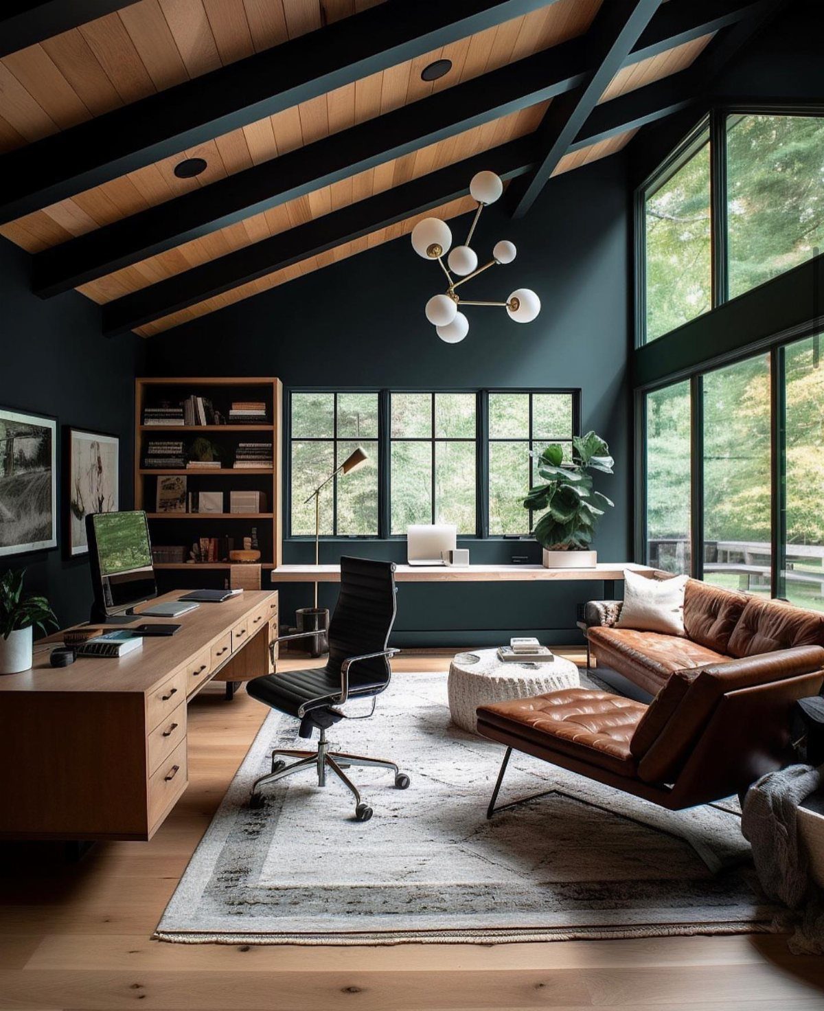Home office with dark green walls, wooden furniture, and large windows showing nature.