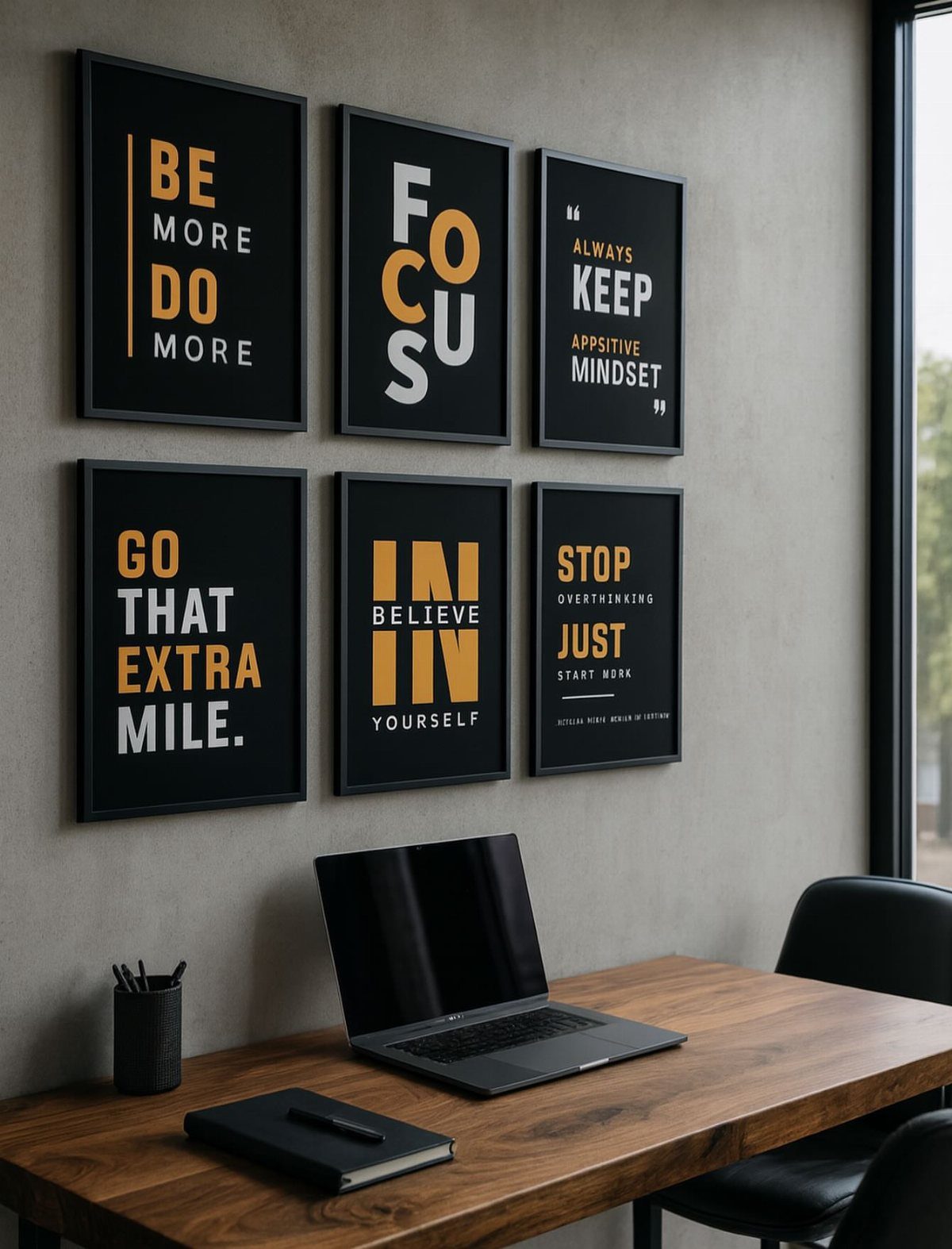Motivational posters with yellow text hanging on a wall above a wooden office desk.