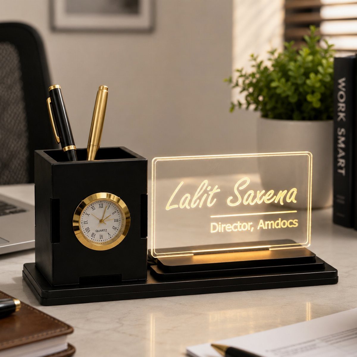 Personalized acrylic nameplate and desk organizer with a clock and pens on a desk.