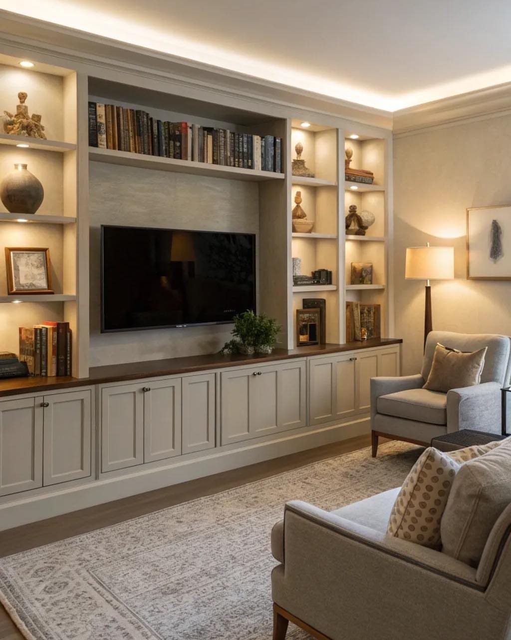Built-in white media wall with a recessed TV and flanking bookshelves in a living room.