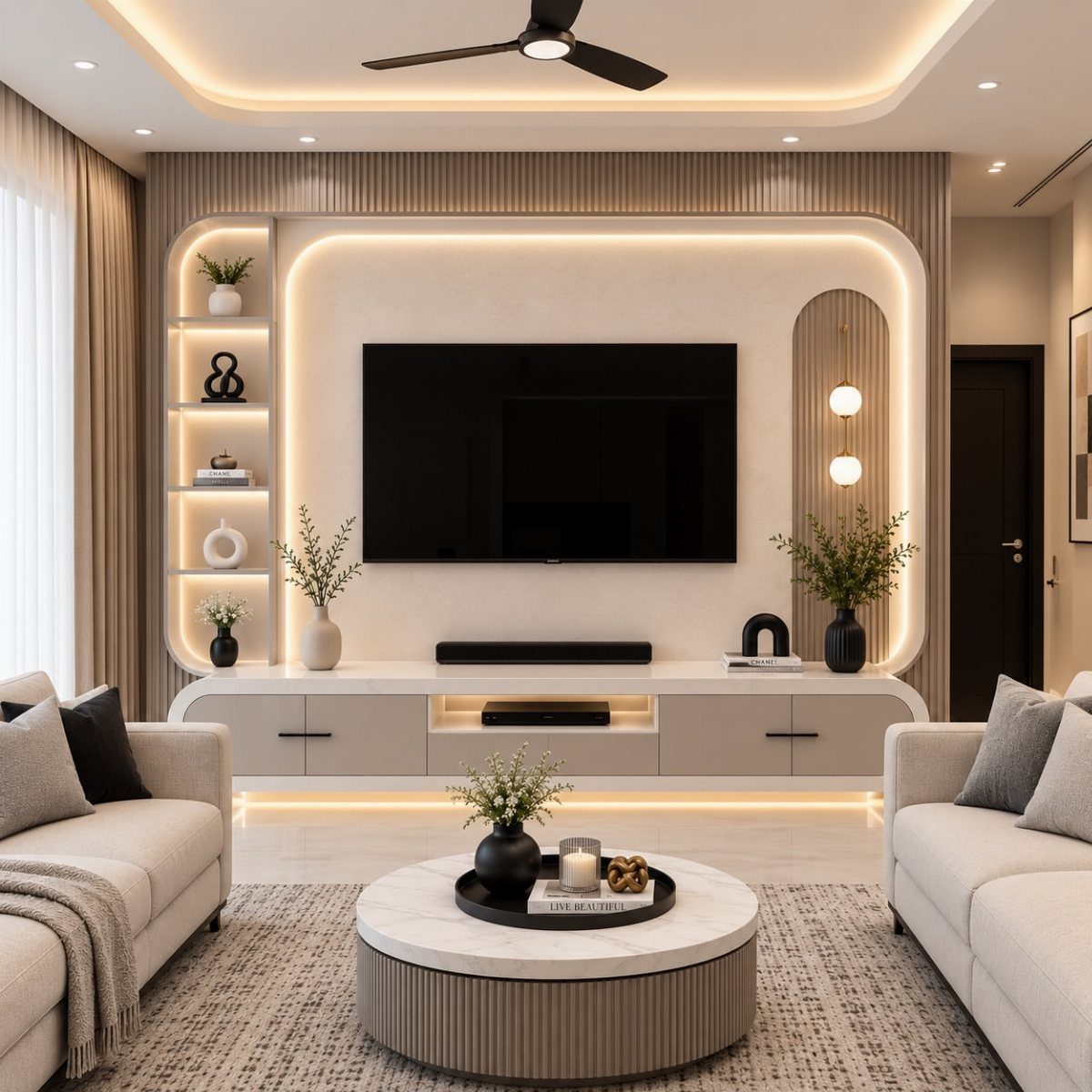 Recessed TV wall with curved corners, warm backlighting, and fluted wood panels.
